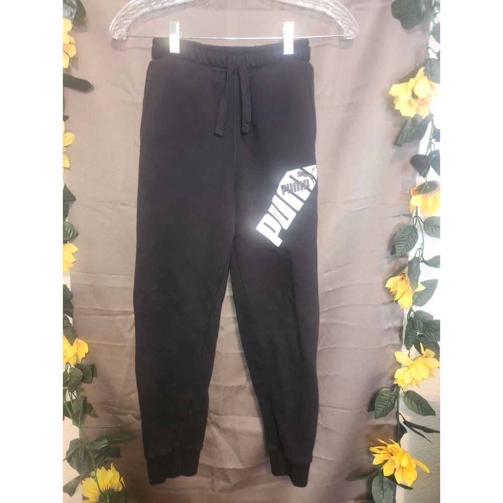 Puma Boys Joggers Sweatpants Black Big Logo Graphic Fleece Athletic M (10/12)